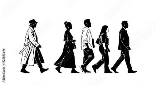 A group of diverse people in silhouette walking in a line from left to right, showcasing different styles of dress and body types.