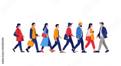 A diverse group of people in casual attire walking in a line against a white background.