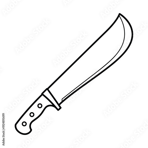 Machete vector illustration, black and white line art of a large survival knife, jungle clearing tool icon for camping and outdoor adventure