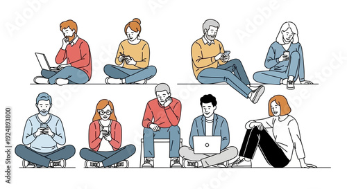 A diverse group of people of various ages and genders are sitting on the floor and chairs, engrossed in their smartphones and laptops.