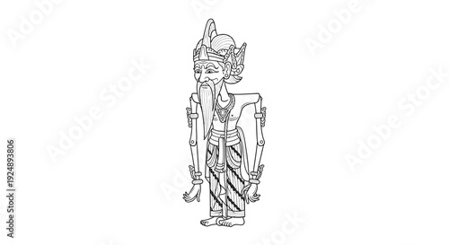 Traditional Indonesian Wayang Kulit Puppet of an Old Man, Line Art