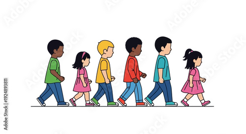 A diverse group of young children, boys and girls of various ethnicities, walking in a line from left to right.
