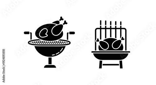 Roast Chicken Grilling Icons: BBQ Grill and Smoker with Whole Turkey