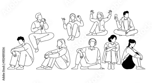 A collection of diverse line art illustrations depicting people in various seated poses and moods, emphasizing individuality and expression.