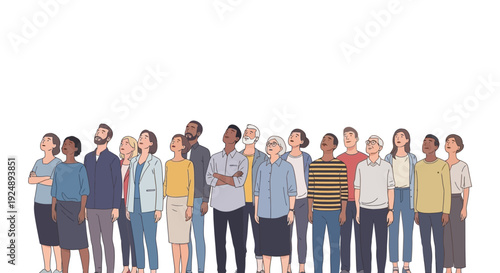 A diverse group of people of various ages and ethnicities standing together and looking upwards.