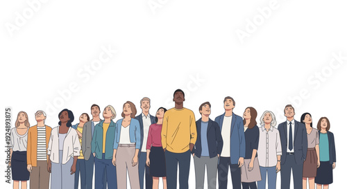 A diverse group of people of various ages, genders, and ethnicities standing together in a line, with a focus on unity and community.