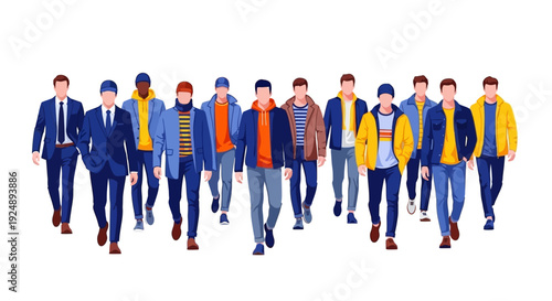 A diverse group of young men walking forward in casual and formal attire.