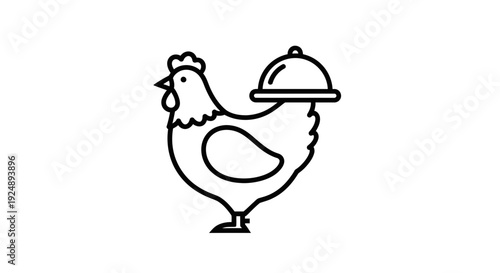 Roast Chicken Icon with Serving Dome, Food Service, Restaurant, Catering, Delivery Concept