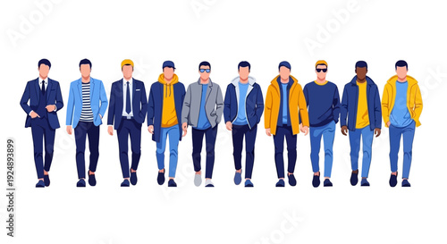 A diverse group of men in casual and formal wear, showcasing various styles and colors.