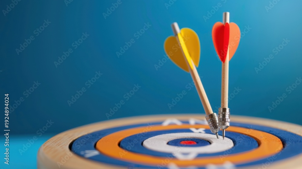 Fototapeta premium Colorful darts hitting the target in a game setting, symbolizing focus, goals, and achievements with vibrant colors