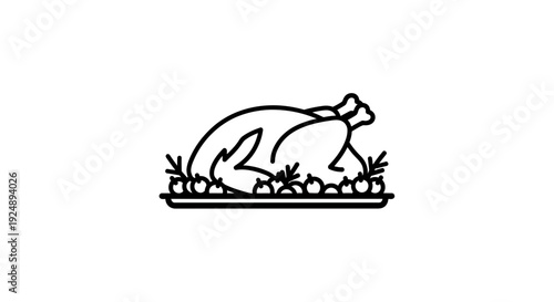 Simple Line Art Icon of a Roasted Chicken on a Platter with Garnish