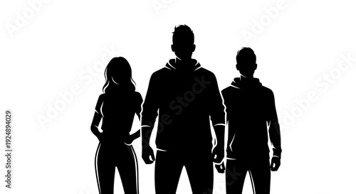 Silhouette of three young people standing together, two men and one woman, against a white background.