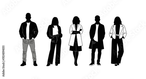 A collection of five diverse individuals depicted in silhouette, showcasing various modern fashion styles and poses.