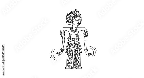 Traditional Indonesian Wayang Kulit Shadow Puppet of a Woman, Line Art