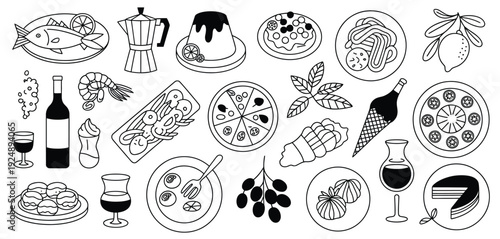 Italian Cuisine Doodle, vector illustration collection showing traditional Italian dishes including pizza, pasta, seafood, risotto, lasagna, and desserts, hand-drawn style icons, isolated vectors 