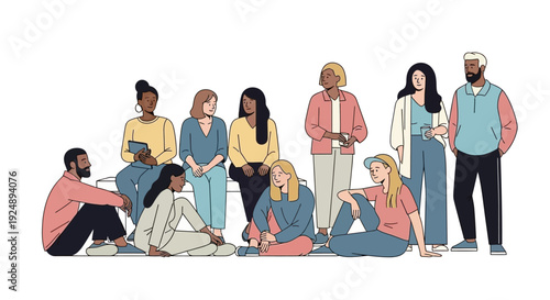 A diverse group of people of various ages, genders, and ethnicities are gathered together in a casual setting, some sitting and some standing.