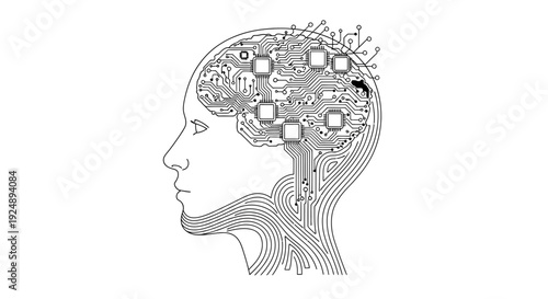 Human Head with Circuitry Brain Illustration.