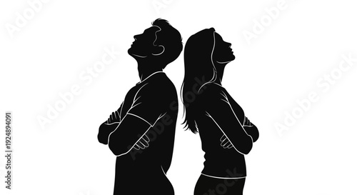 Silhouette of a couple standing back to back with arms crossed, looking away from each other.