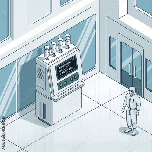 Scientist in lab coat standing near laboratory equipment in a cleanroom facility.