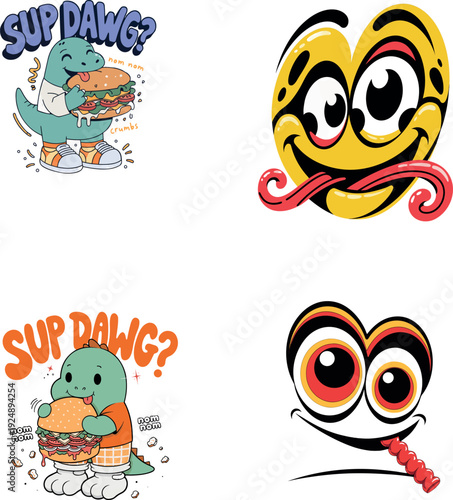 Cute cartoon dinosaur character eating a large burger with funny text "Sup Dawg?"