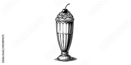 Vintage hand drawn milkshake with cherry topping in black ink style