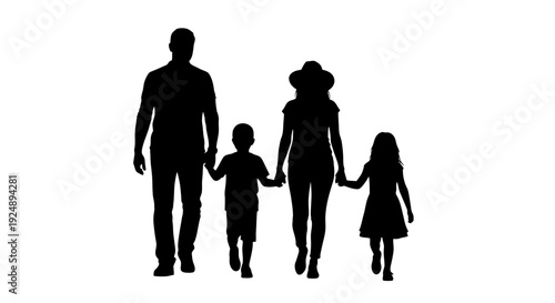 Silhouette of a family of four, including parents and two children, walking hand-in-hand against a white background.