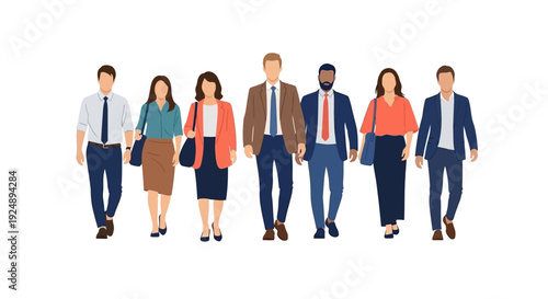 A diverse group of seven professionals in business attire walking forward together.