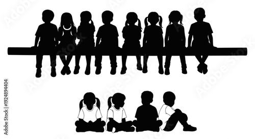Silhouettes of children sitting on a bench and on the ground, representing childhood and community.