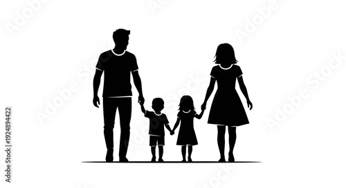 Silhouette of a family holding hands, consisting of parents and two young children, standing together.