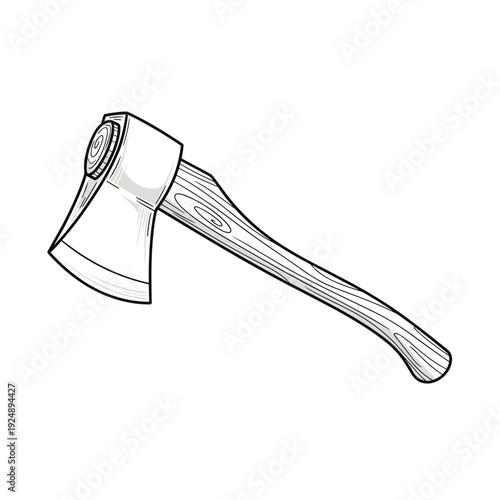 Vintage hand axe vector illustration, rustic wood cutting tool with timber handle, hand drawn hatchet icon for camping and forestry branding
