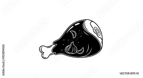 Raw Chicken Leg with Garlic Cloves and Herbs, Vector Illustration