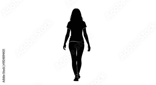 Silhouette of a woman walking away from the camera against a white background.