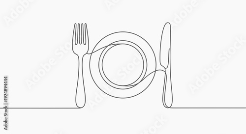 Minimalist single line drawing of a plate, fork and knife, representing dining and food.