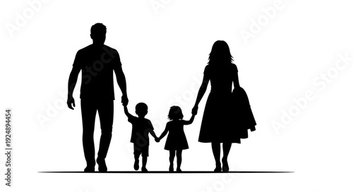 Silhouette of a family, including parents and two children, walking hand-in-hand against a white background.