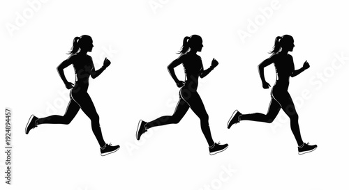 Three silhouetted women running in a line, showcasing dynamic motion and athletic form.