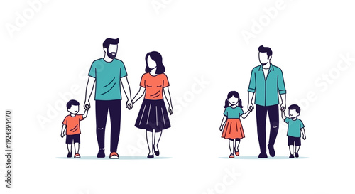 Two families, each consisting of a father, mother, and two children, walking hand-in-hand.