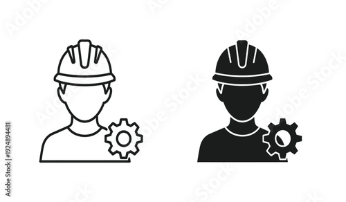 Black and white line icons of workers with gears and hard hats
