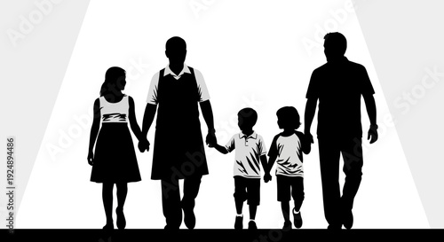A silhouetted family of five, including two parents and three children, walks hand-in-hand across a stage.