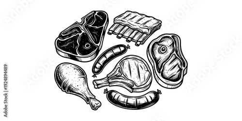 Hand-drawn black and white meat cuts in circular arrangement