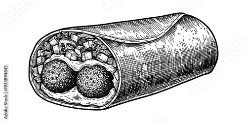 Hand drawn shawarma burrito with meatballs and vegetables in vintage style