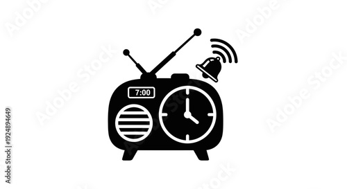 Retro Alarm Clock Radio Icon with Bell Ringing at 7:00 AM