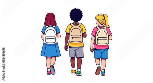 Three diverse children with backpacks walking away from the camera, representing the start of a school day.