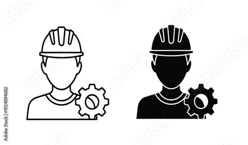 Black and white line icons of workers wearing hard hats with gear symbols