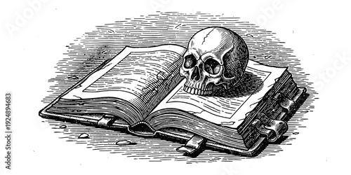 Vintage engraving of skull on ancient book