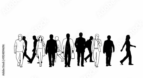 A diverse group of people walking in a line, depicted in a stylized black and white illustration.