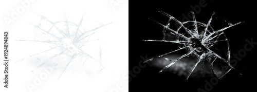 Canvas Print Cracked glass shattered windowpane on white and black backgrounds