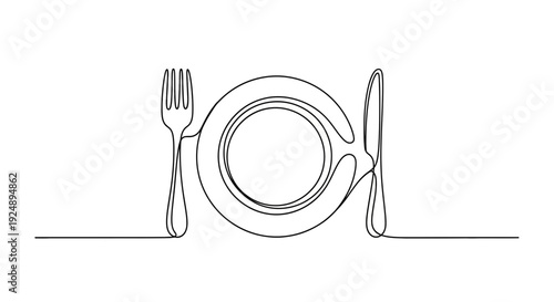 Minimalist Single Line Drawing of Plate, Fork, and Knife - Restaurant Dining Concept