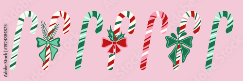 Candy canes red and green vintage clipart set. Peppermint candy sticks with bow and greenery decoration vector element collection for Christmas