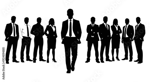 Silhouette of a confident businessman walking forward, leading a group of professionals behind him.