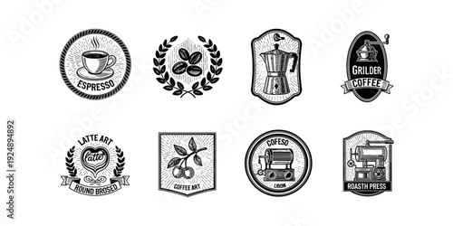 Vintage coffee badge collection featuring retro elements and classic coffee icons